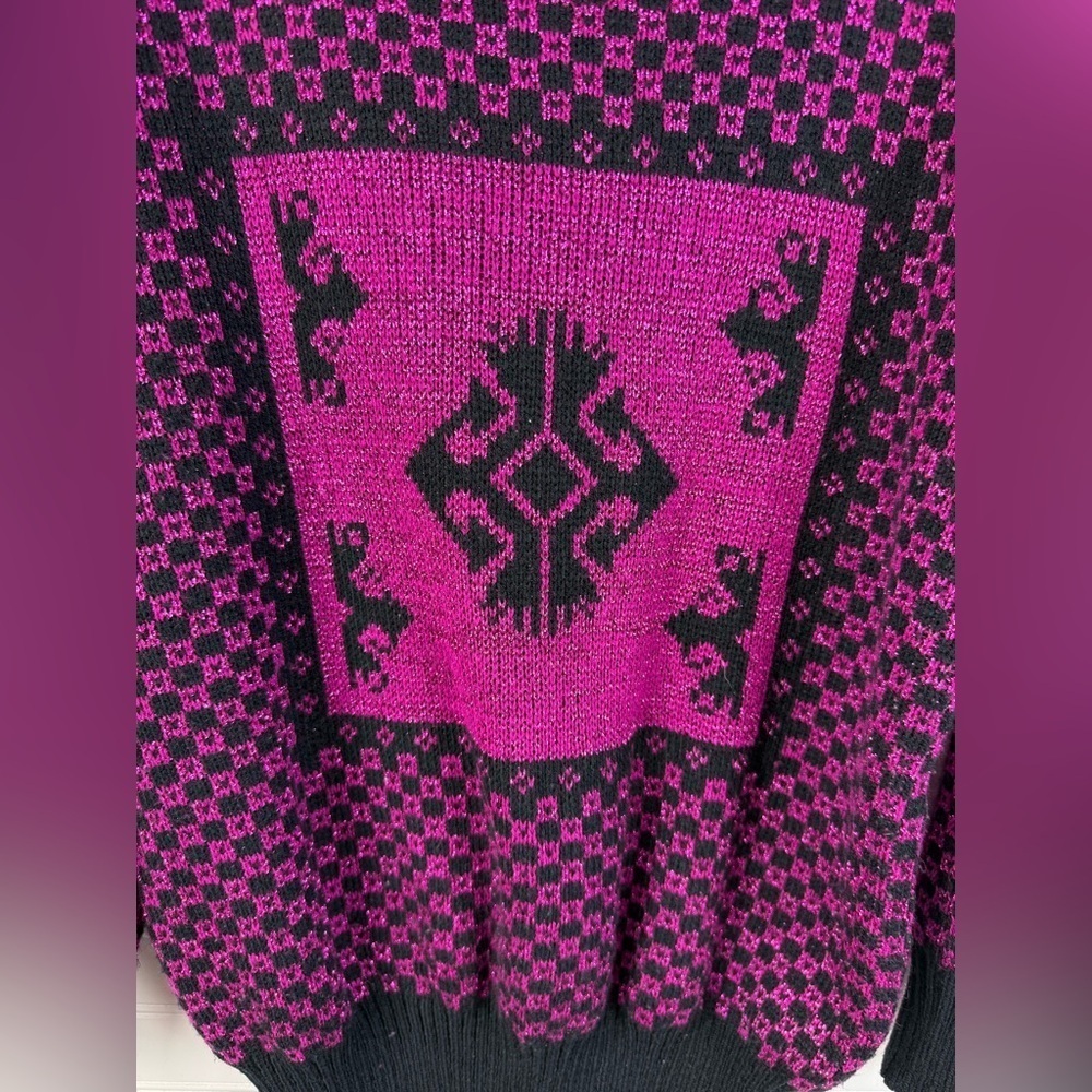 Midnight Blues vintage women’s magenta & black shimmer Aztec checkered sweater L - Picture 6 of 7